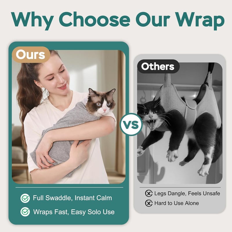 Paw Fun Self-Adhesive Cat Grooming Wrap, Cozy Cat Wrap for Cutting Nails, Breathable Anti-Scratch Cats Swaddle Bag for Brushing, Ear Cleaning, Dental Care, Medication, Injections,Grey L - Image 2